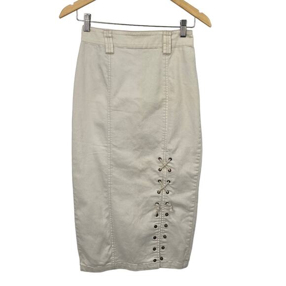 Holding Horses Denim Midi Skirt Side Slit Lace Up Corset Detail Off White Size 0 - Picture 2 of 9